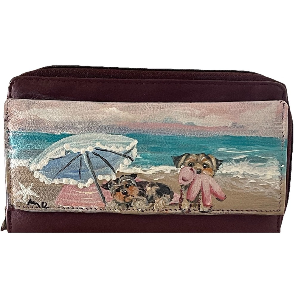 American Leather Works Burgundy Yorkie‎ Hand Painted Zip Wallet NWT Leather